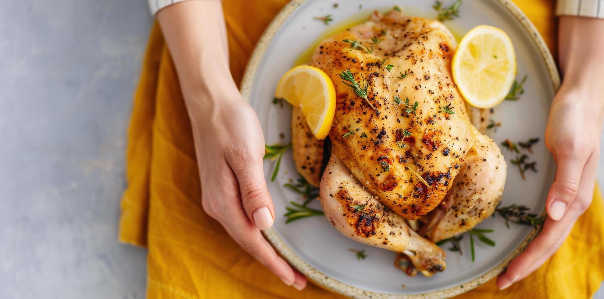Grilled Chicken Drumsticks With Herbs on Yellow Background photo