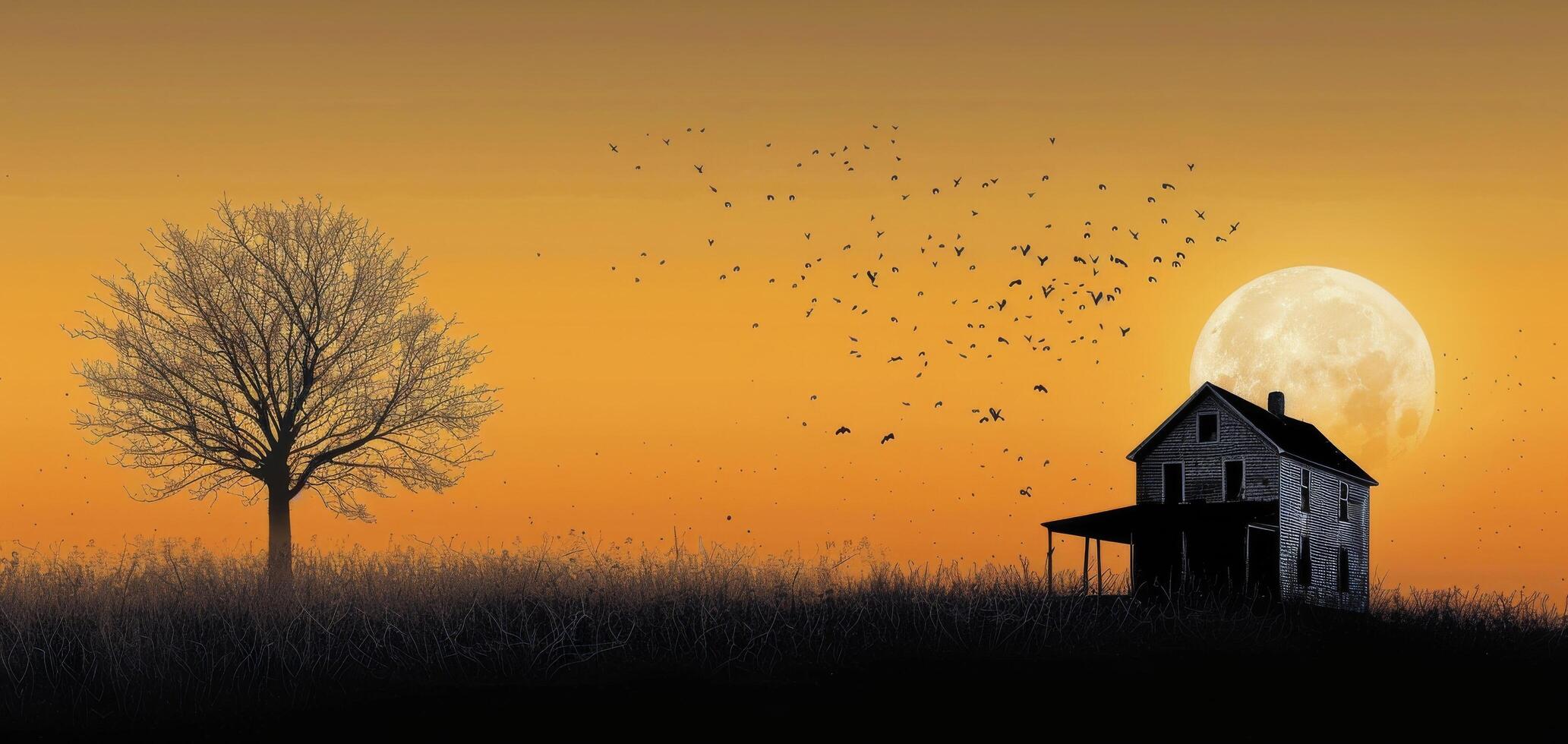 Solitary House in a Misty Field at Sunset With Birds Flying Overhead photo