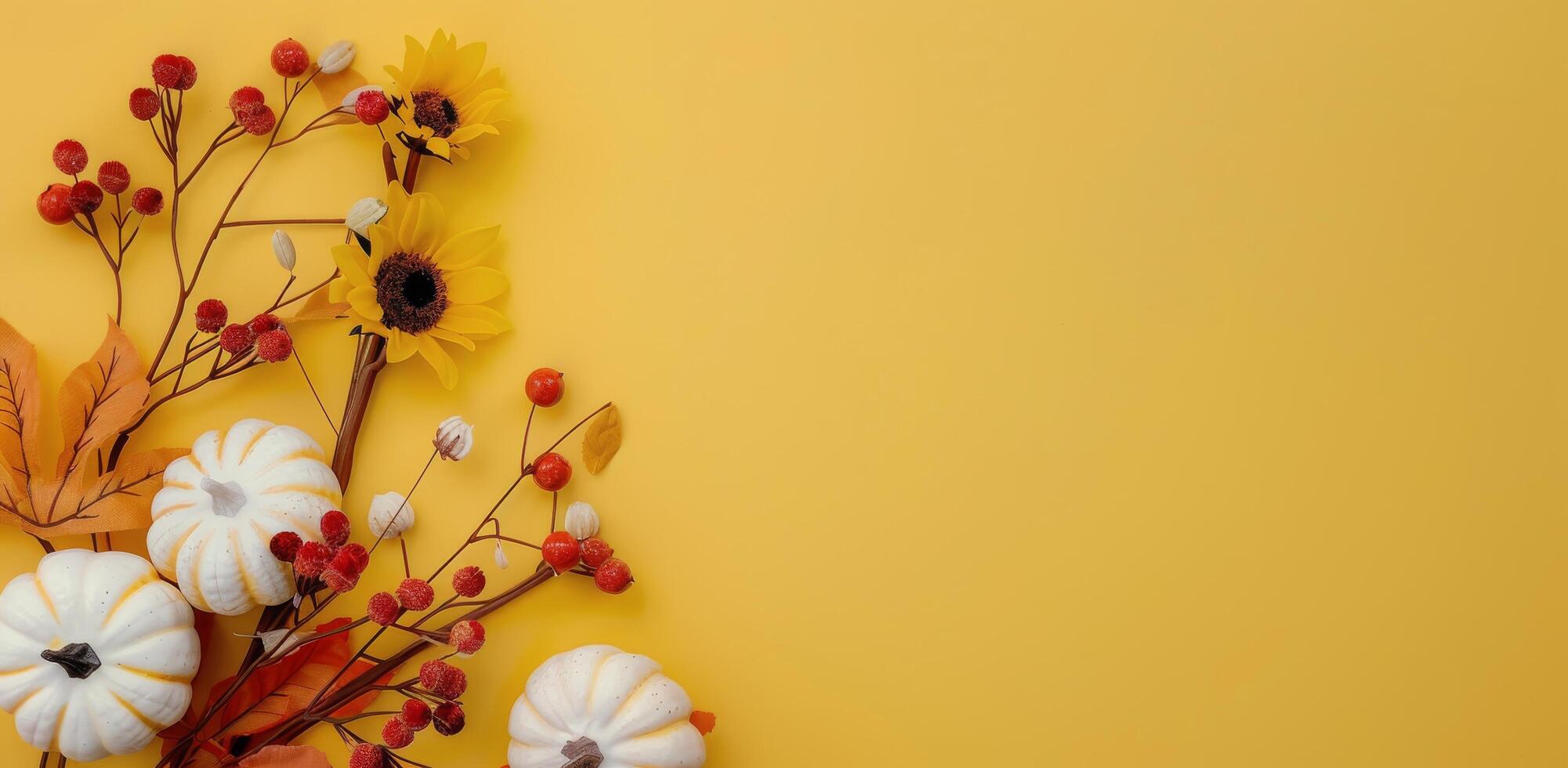 Autumn Decor With Pumpkins Sunflowers and Leaves on Yellow Background photo