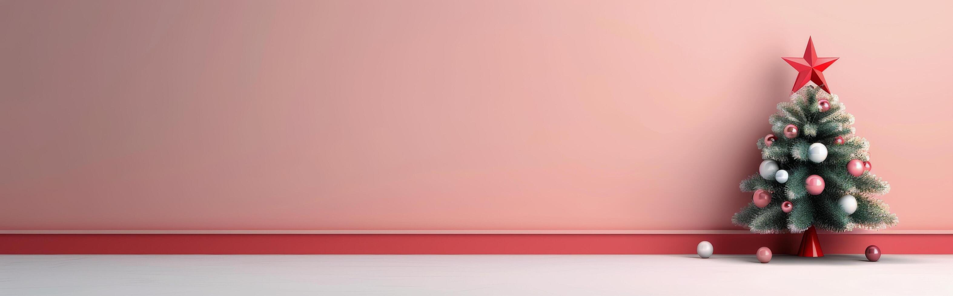 Festive Red Background With Abstract Christmas Trees and Ornaments photo