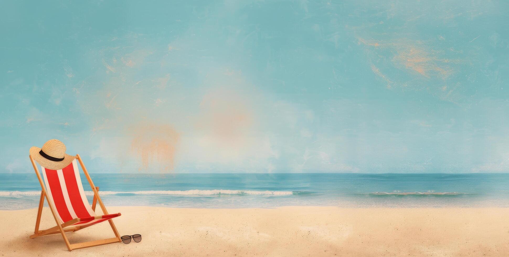 Cozy Beach Chair on Sandy Shore With Straw Hat and Sunglasses at Sunrise photo