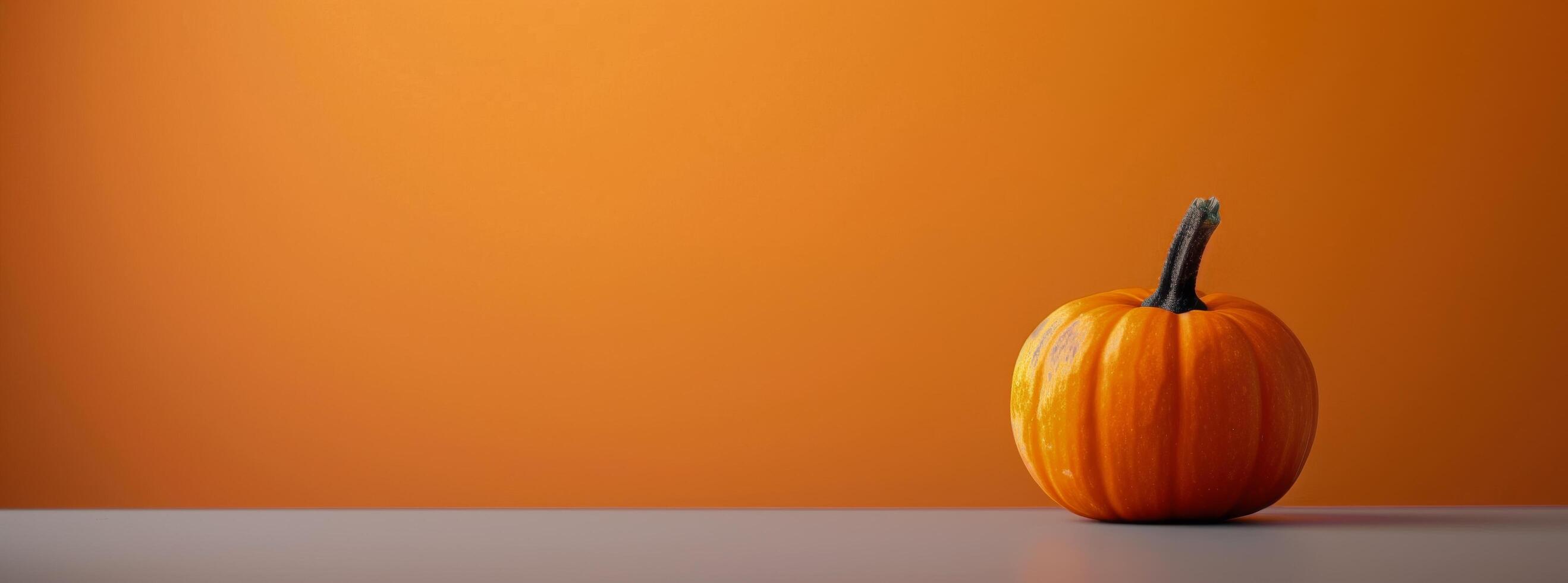 Vibrant Orange Pumpkin on Wooden Table Against Bright Orange Background photo