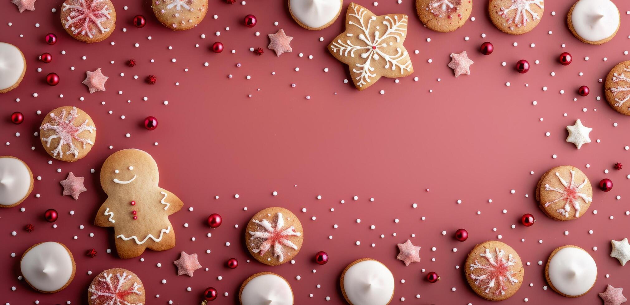 Festive Cookie Arrangement With Gingerbread and Icing on a Red Background photo