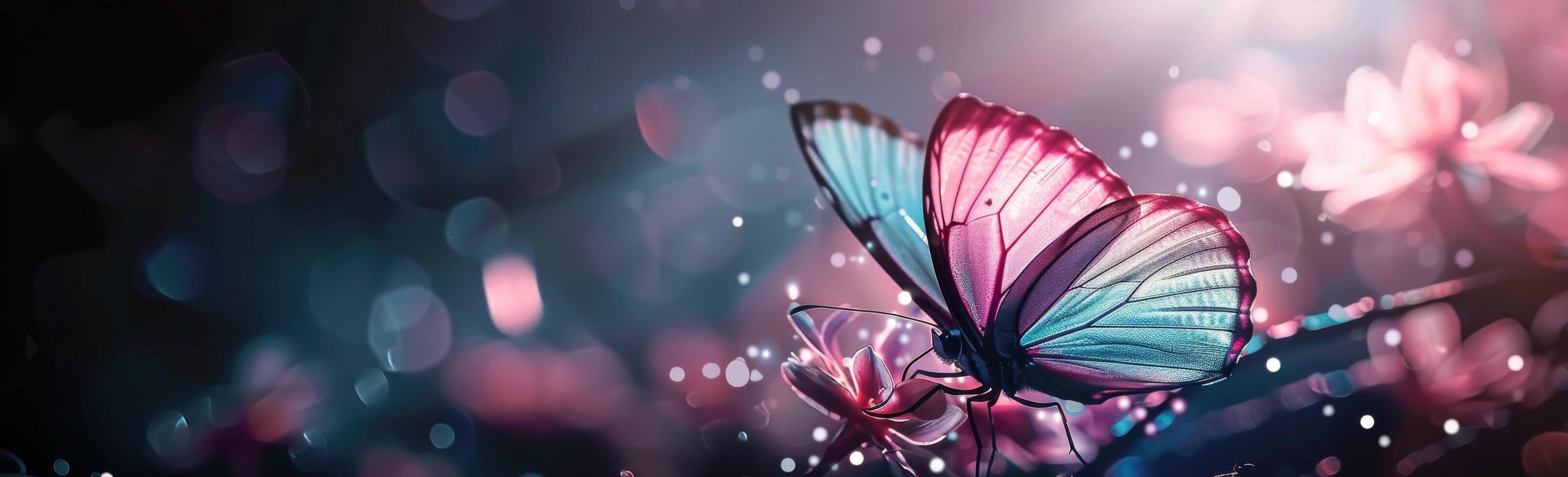 Delicate Butterfly Resting on Colorful Pebbles With Soft Bokeh Background at Dusk photo