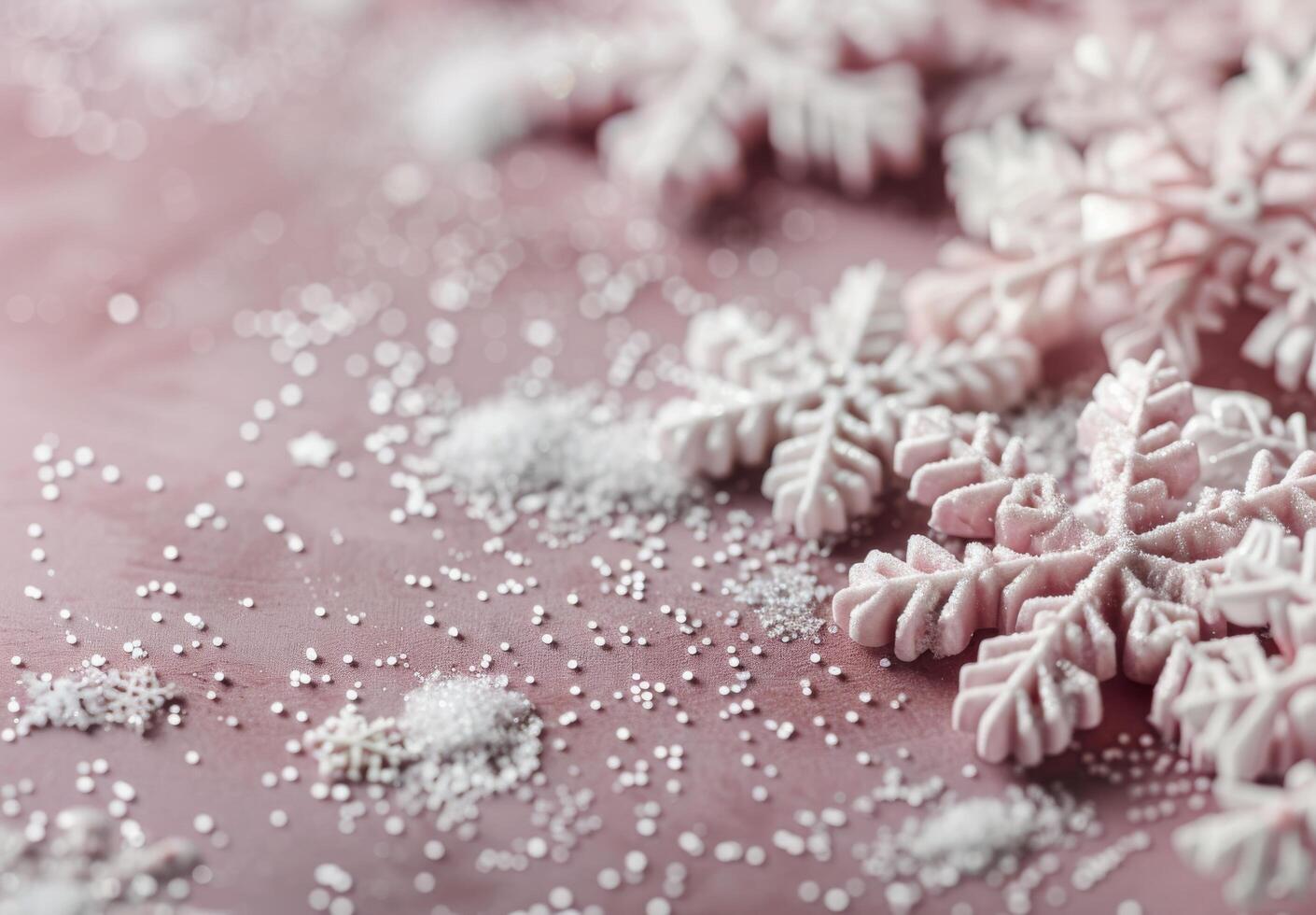 Snowflakes Spread Across a Soft Pink Surface in Winter Decor photo