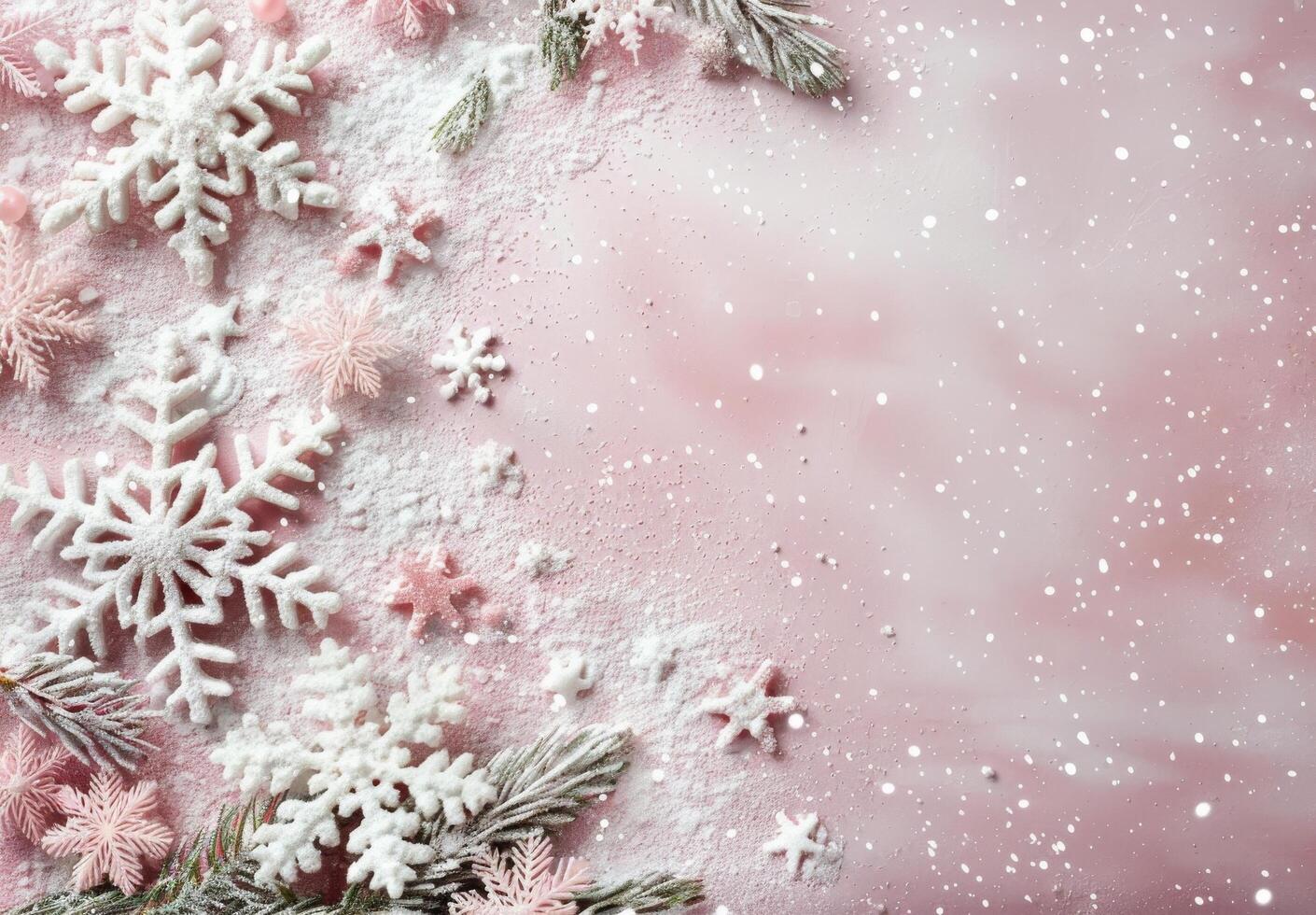Snowflakes Spread Across a Soft Pink Surface in Winter Decor photo