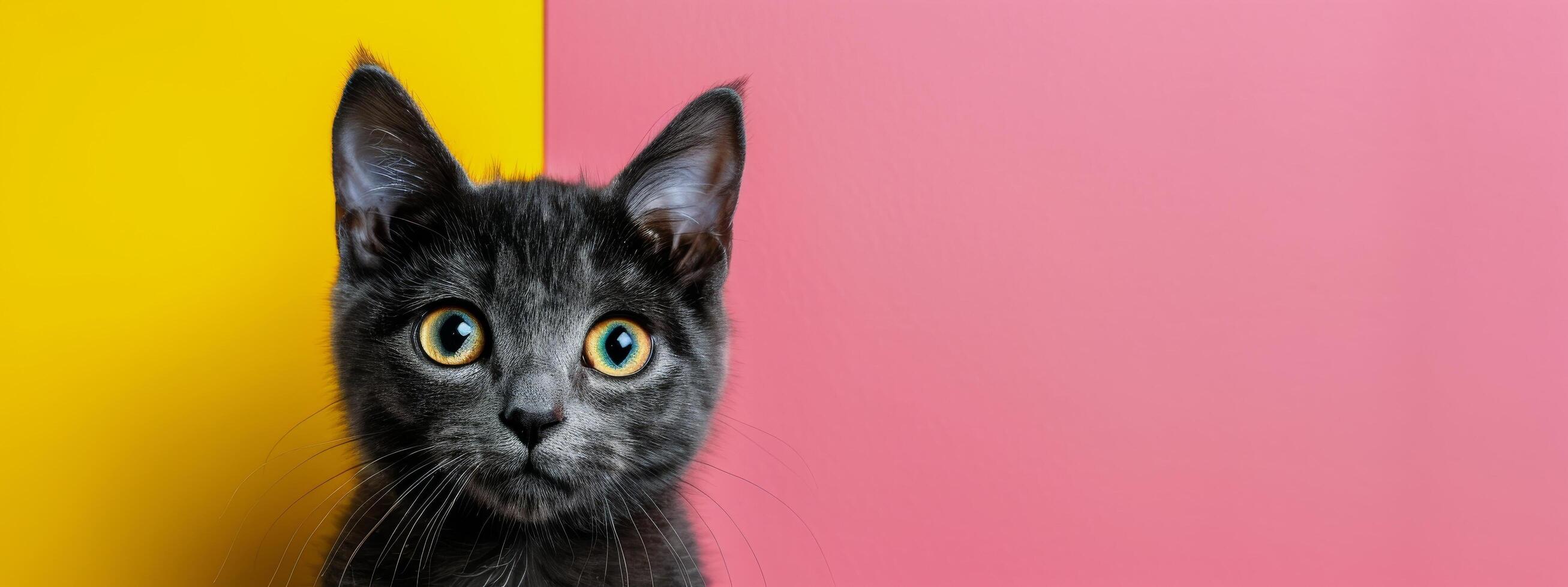 Curious Black Cat Against Bright Yellow And Pink Background photo