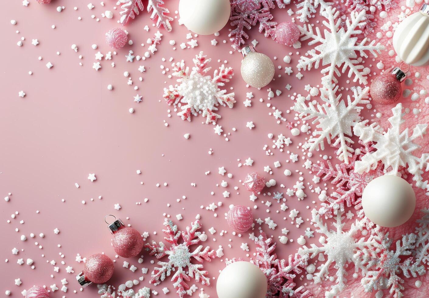 Snowflakes Spread Across a Soft Pink Surface in Winter Decor photo