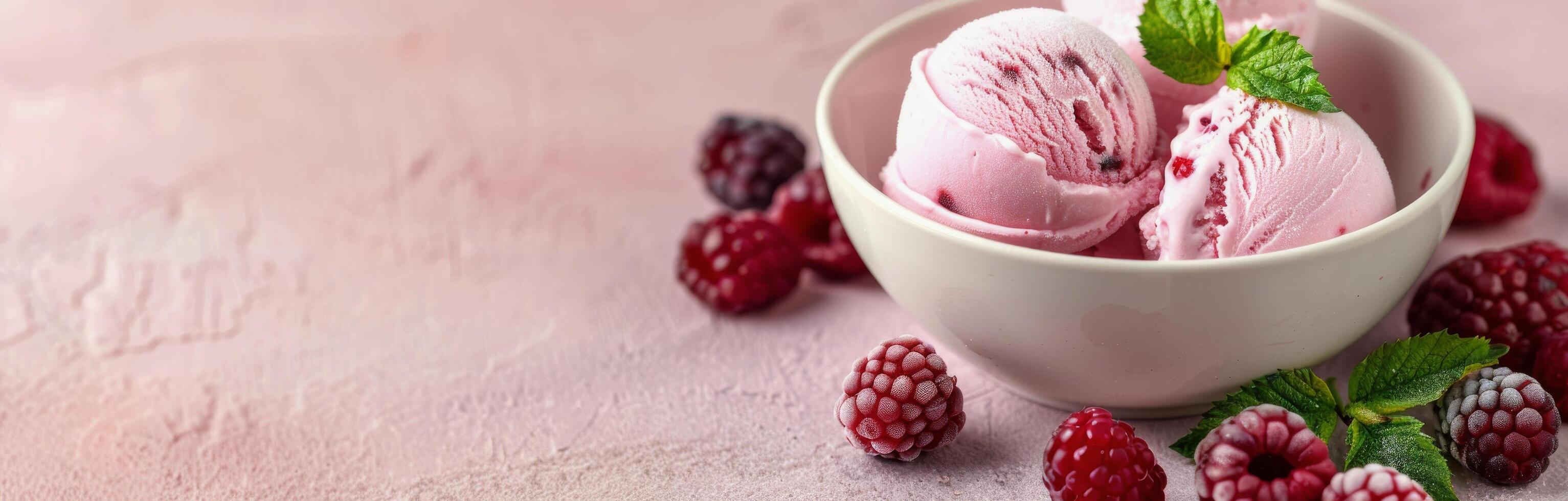 Raspberry Ice Cream Served in a White Bowl on a Pink Background photo