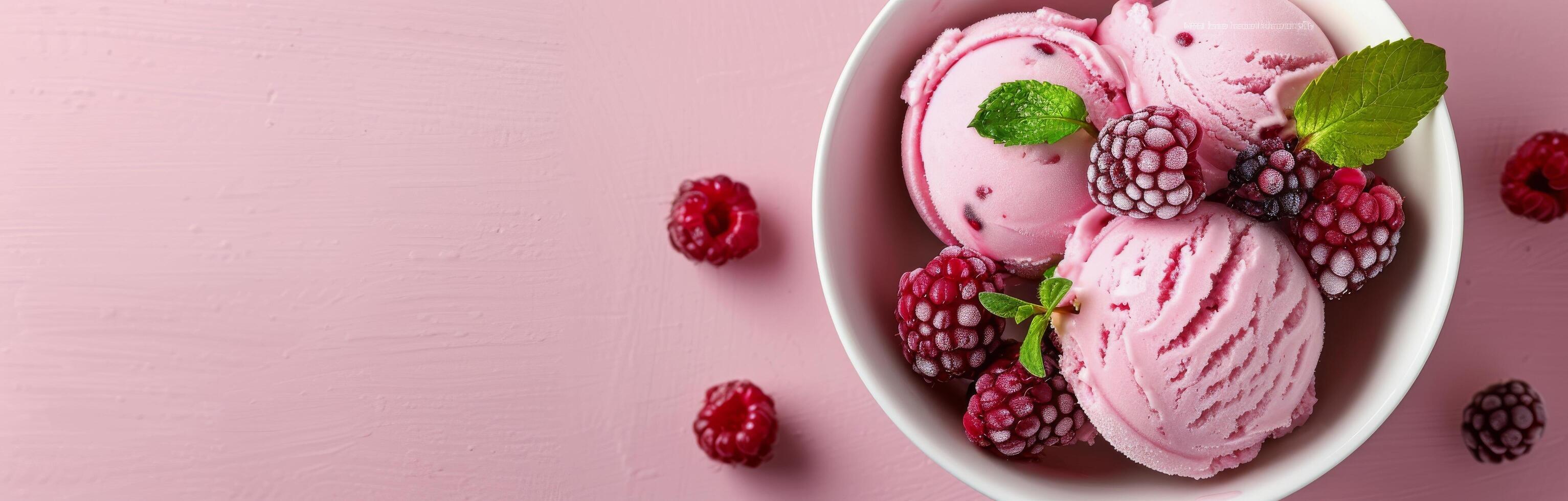 Raspberry Ice Cream Served in a White Bowl on a Pink Background photo