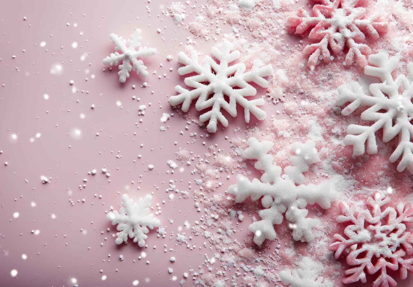 Snowflakes Spread Across a Soft Pink Surface in Winter Decor photo