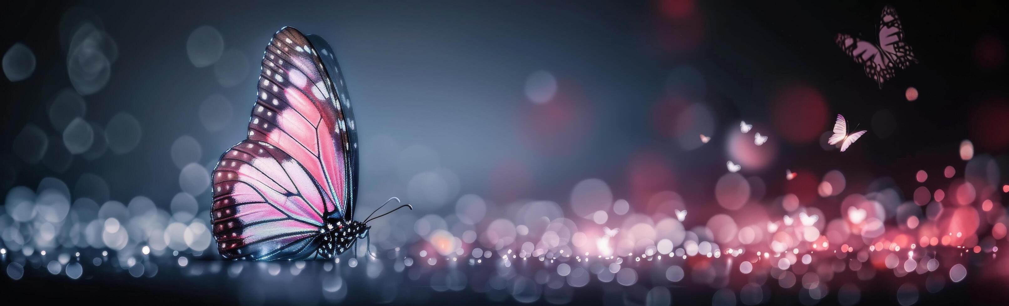 Delicate Butterfly Resting on Colorful Pebbles With Soft Bokeh Background at Dusk photo