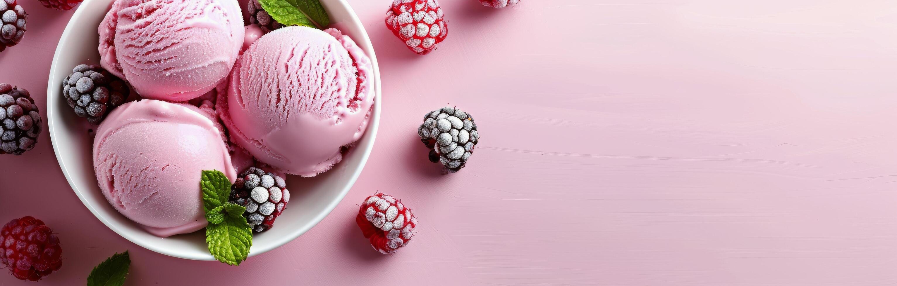 Raspberry Ice Cream Served in a White Bowl on a Pink Background photo