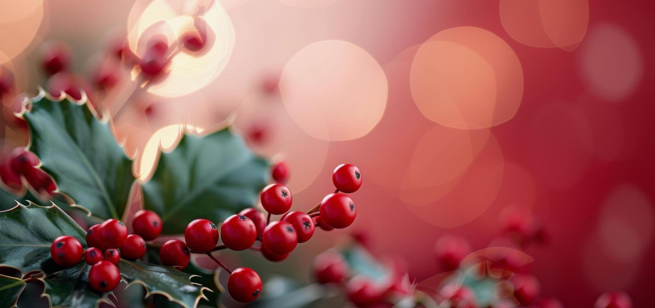 Red Berries and Green Leaves Arrangement on Pink Surface With Soft Natural Light photo