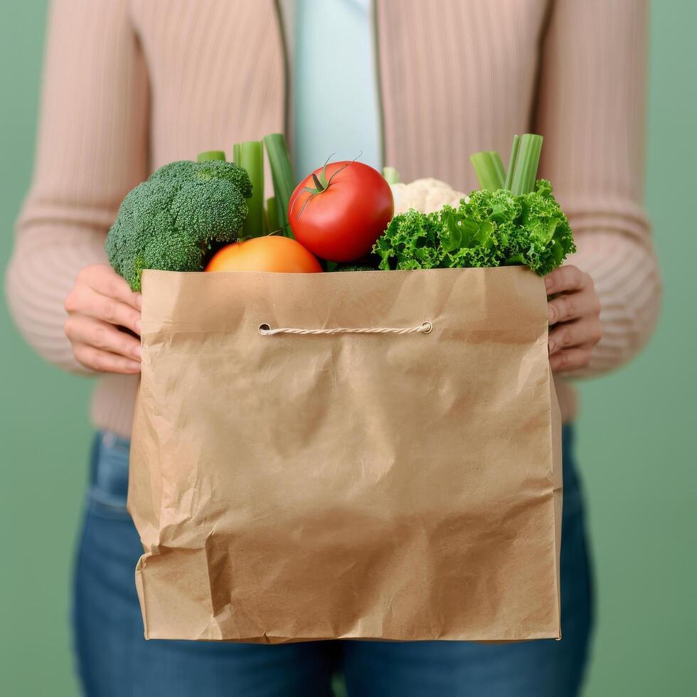 Fresh Vegetables in Brown Paper Bag Held by Person in Natural Setting photo