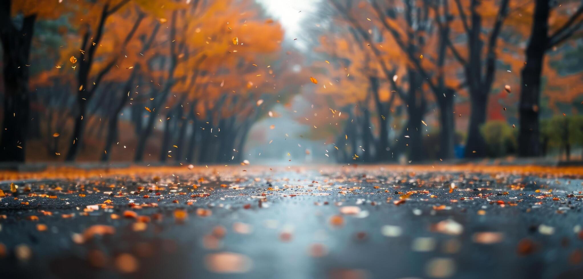 Autumn Leaves Falling on Wet Pathway in Serene Park During Rainy Afternoon photo