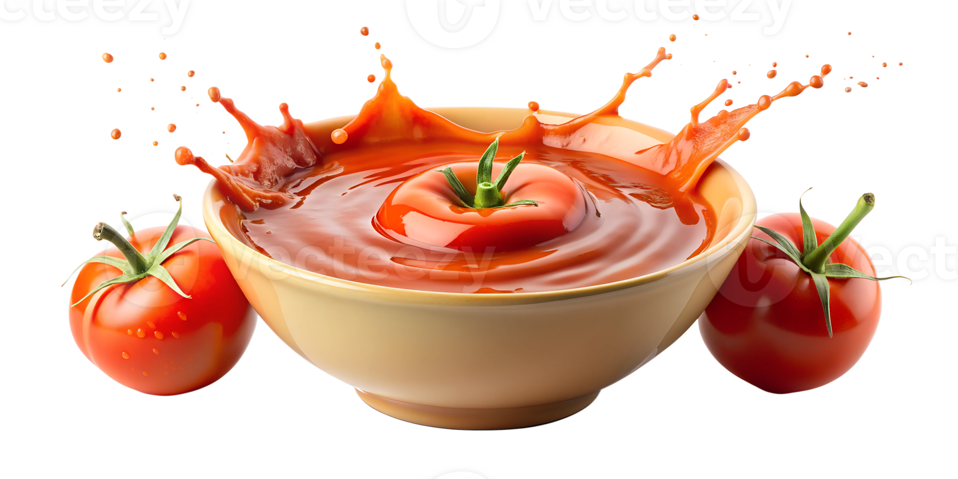 Tomato falling into tomato soup splash, isolated transparent png