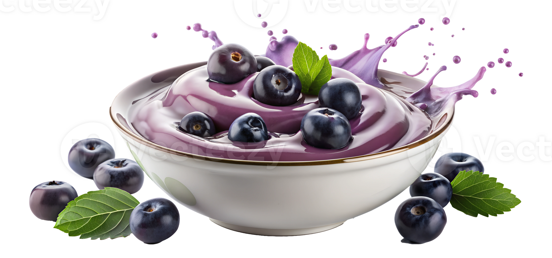 Acai splashing in yogurt with mint leaves, transparent png