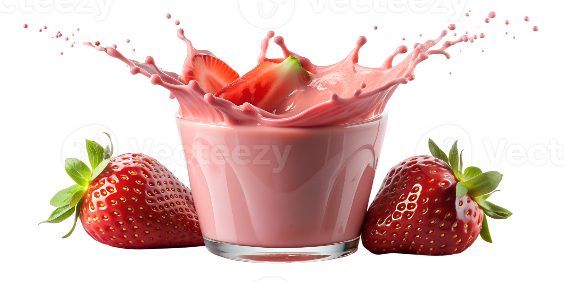 Splash of strawberry yogurt with whole strawberries, isolated transparent png