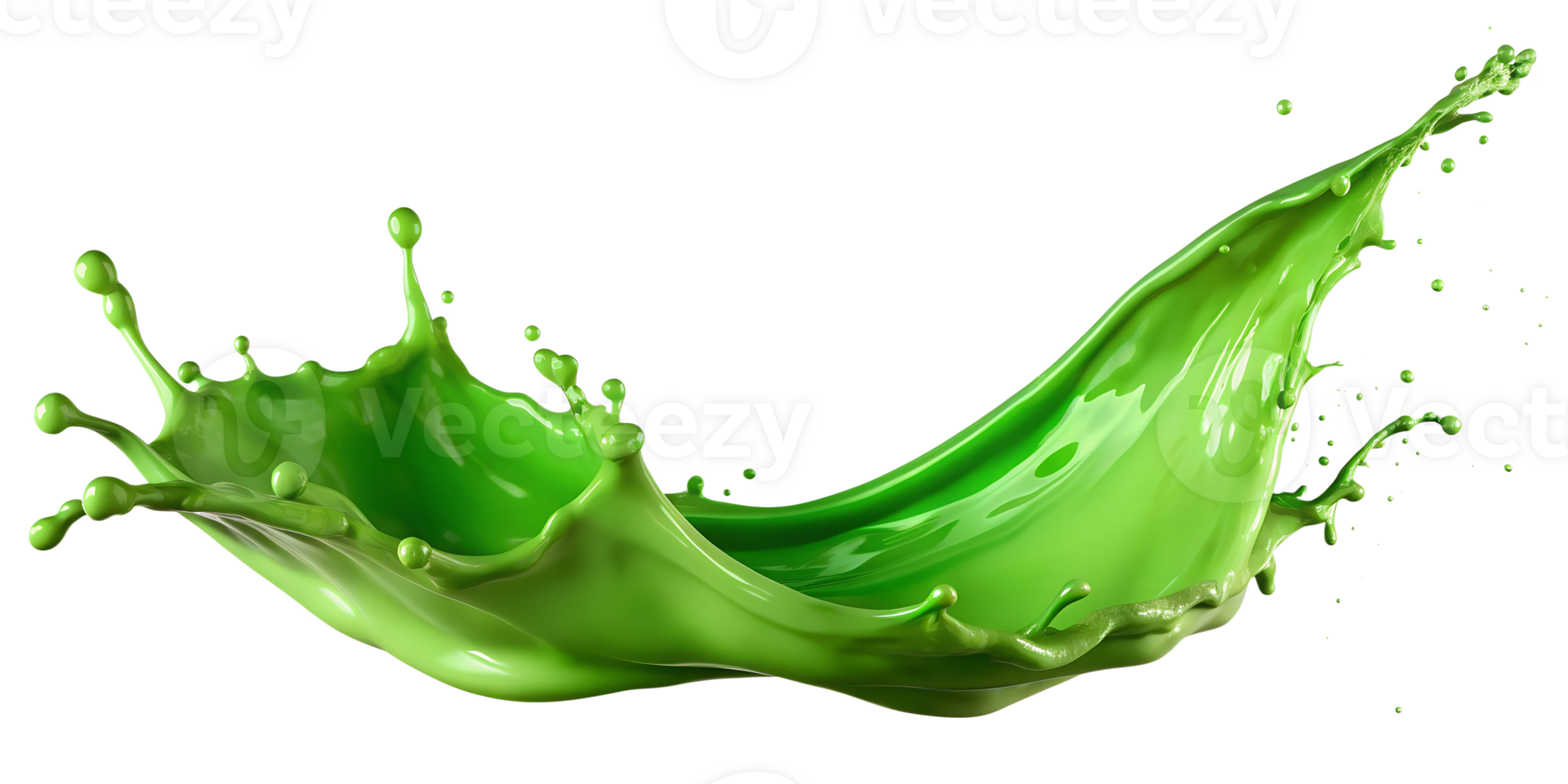 Vibrant green liquid splash with fluid arcs, isolated transparent png