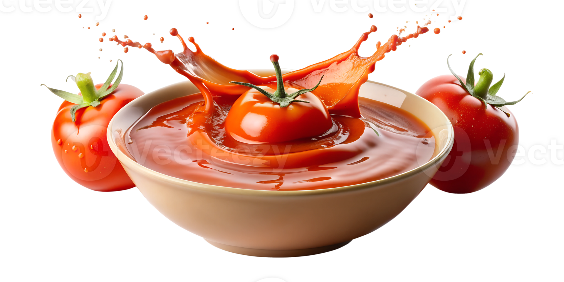 Tomato splashing in bowl of tomato soup, isolated transparent png