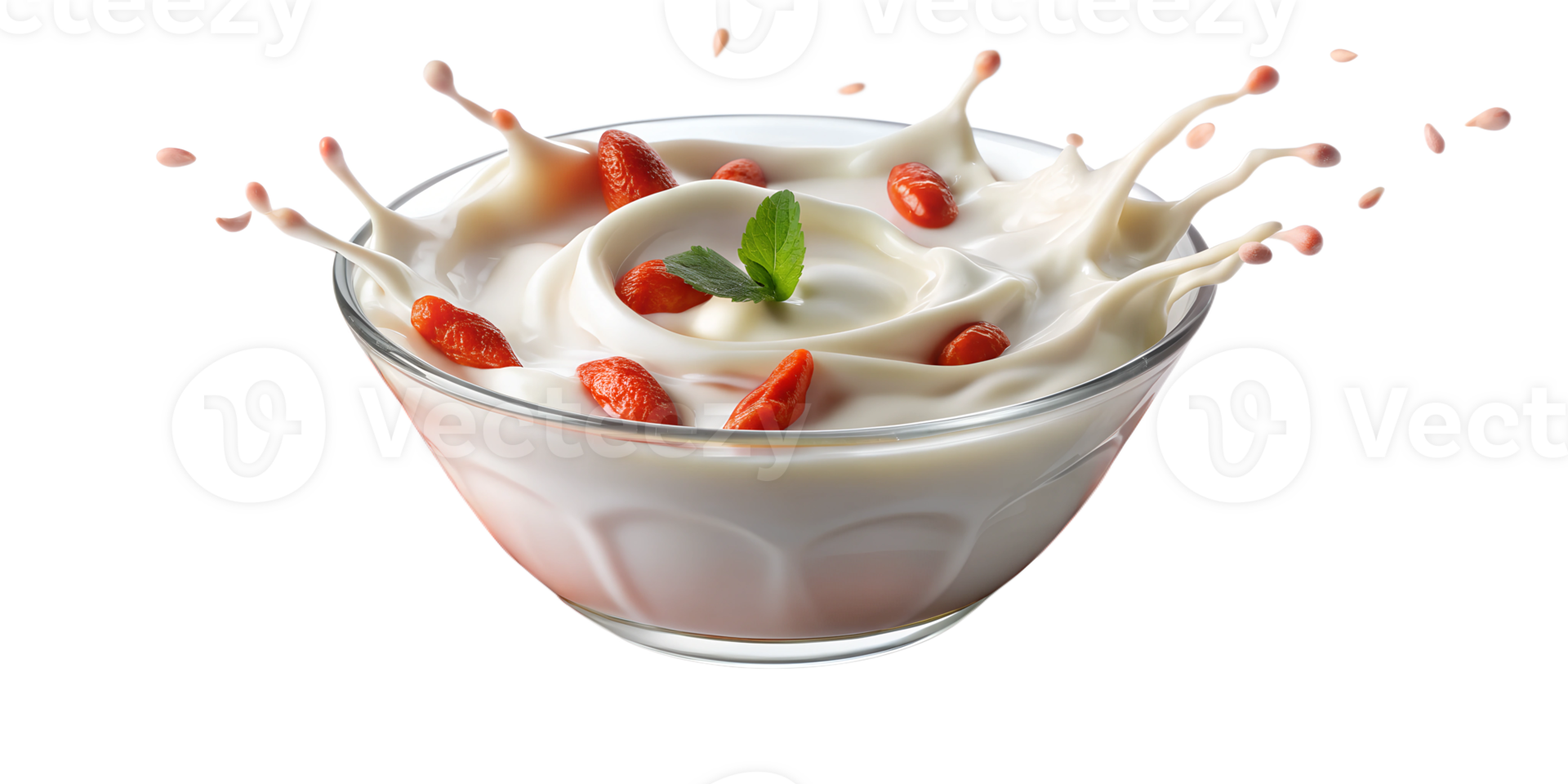 Splashing yogurt with goji berries in bowl, isolated transparent png