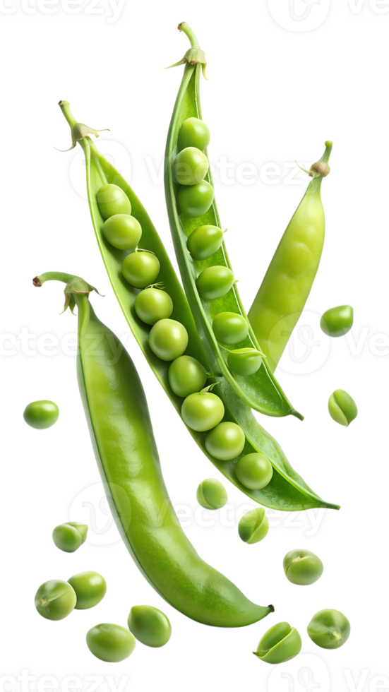Open pea pods with scattered peas, isolated transparent png