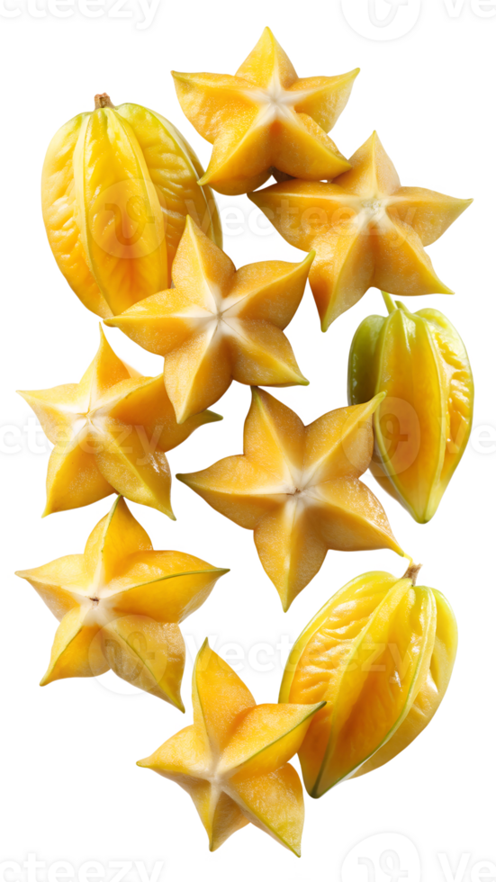 Top view of sliced starfruit with whole carambolas, isolated transparent png