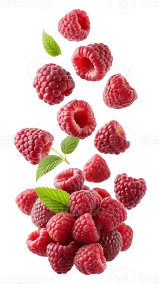Fresh ripe raspberries with green leaves, isolated transparent png