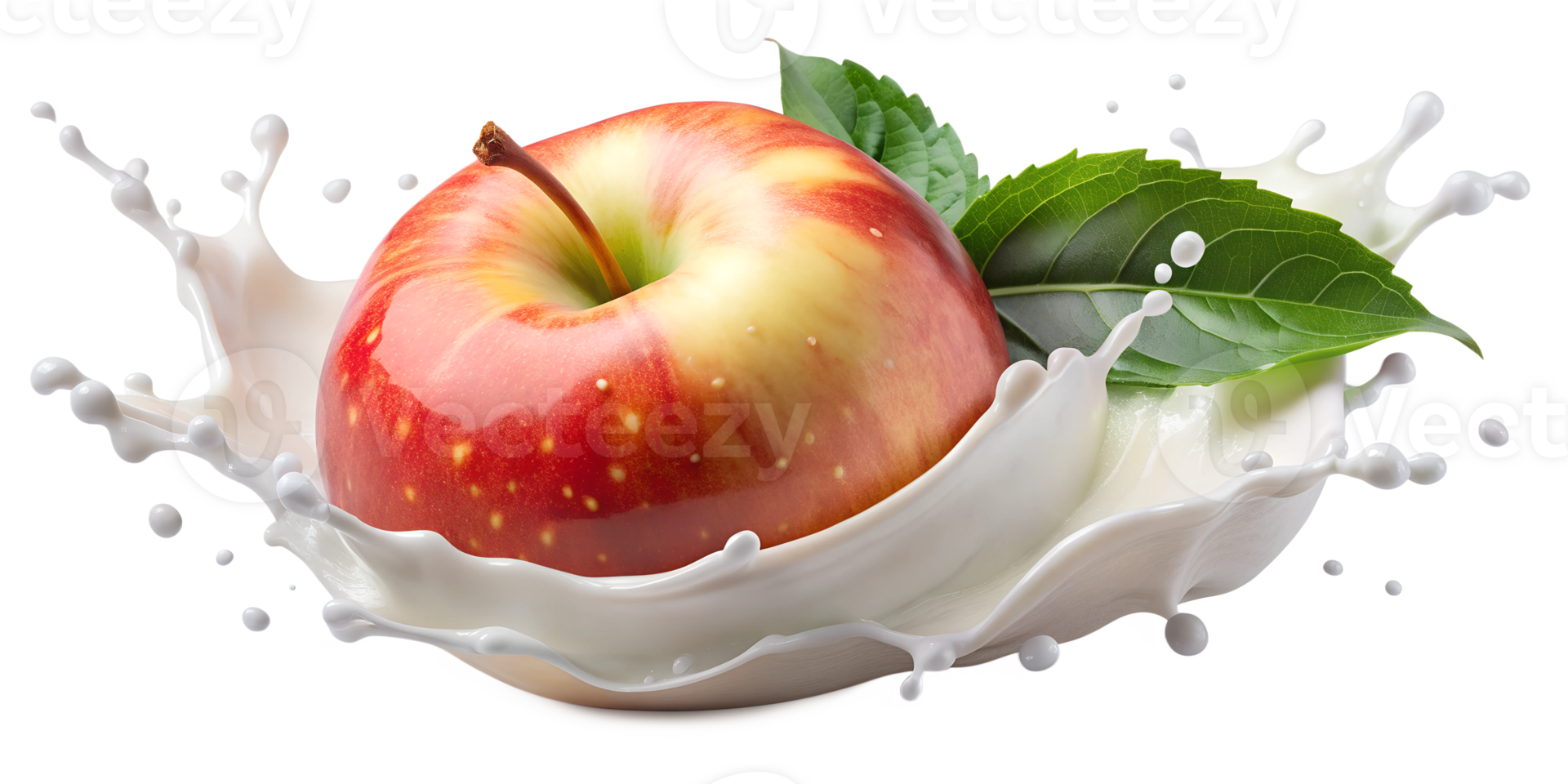 Apple splashing in milk with leaves on transparent background, transparent png