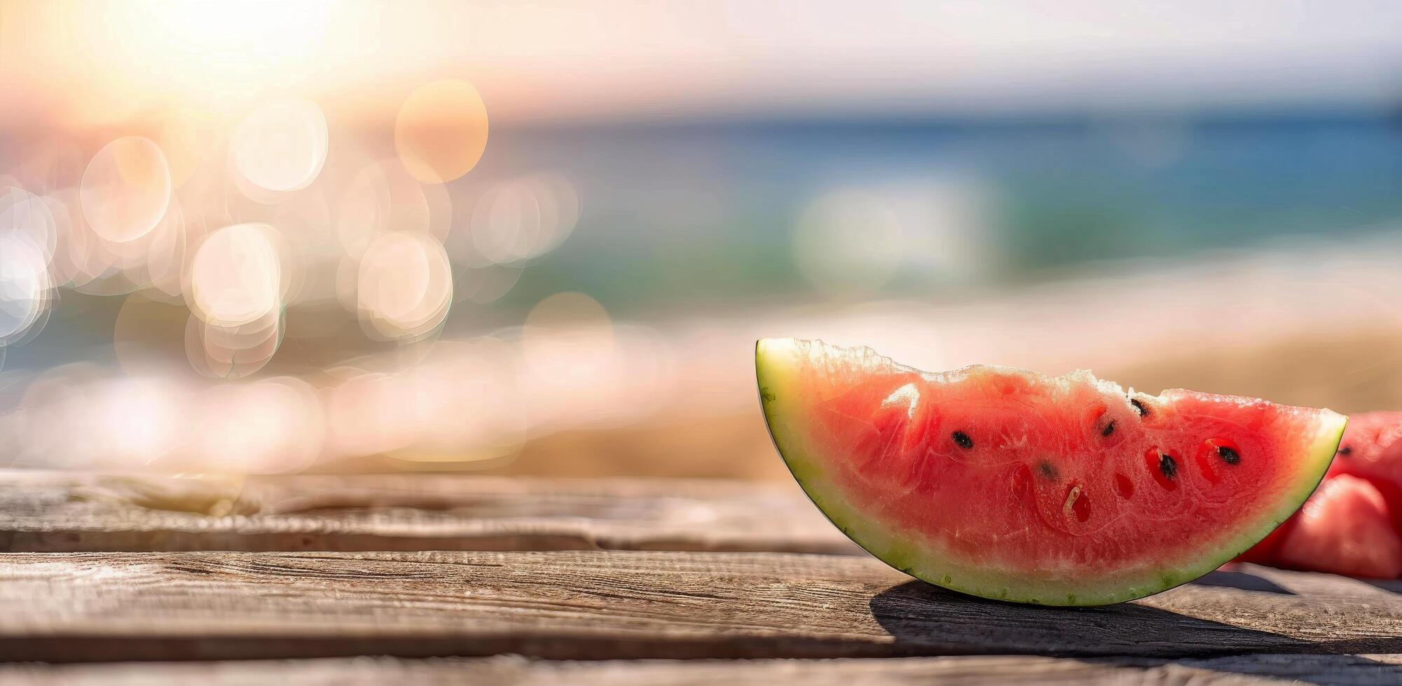 Fresh Watermelon Slice on Wooden Table Near Seaside During Bright Summer Day photo