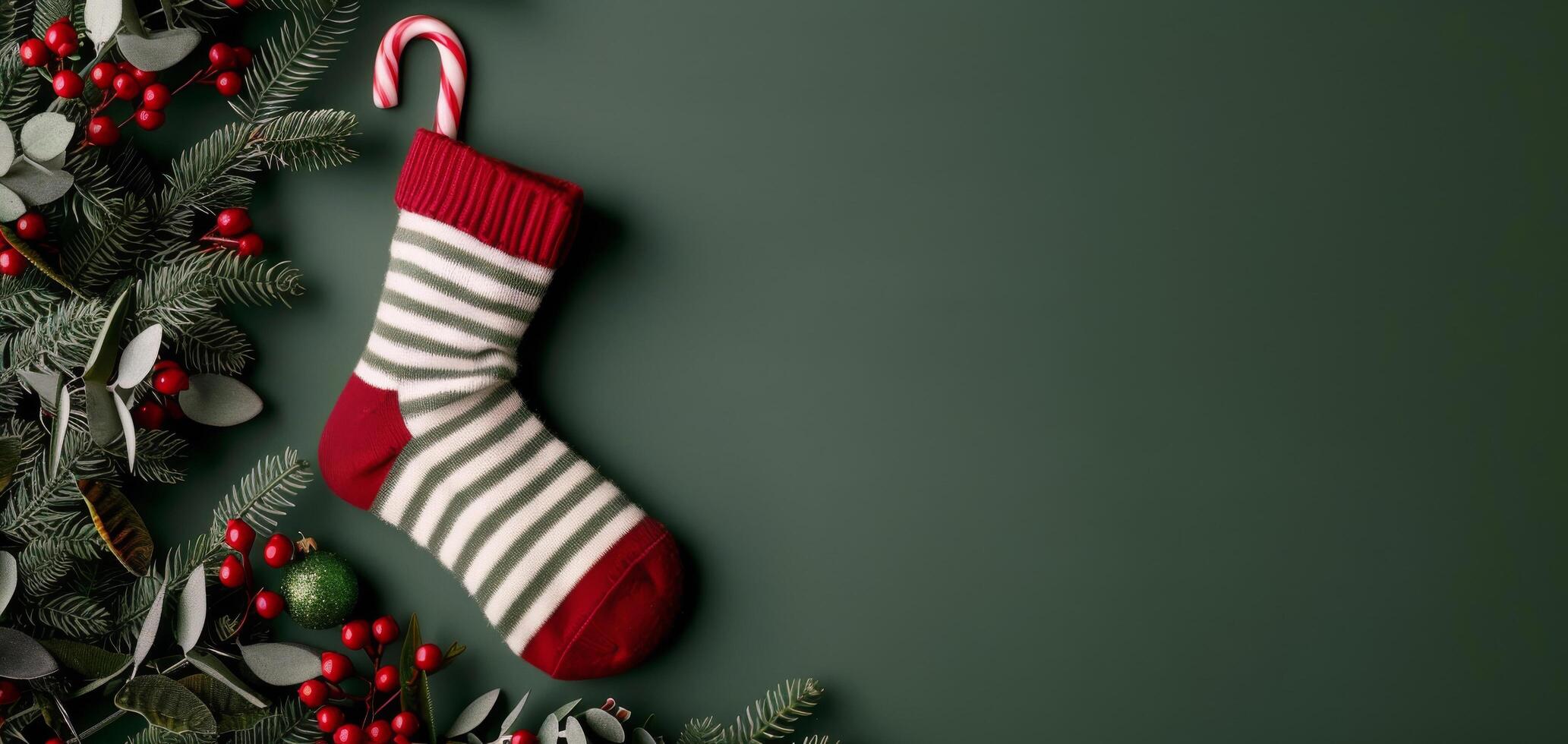 Christmas Stocking and Decor With Candy Cane on a Green Background photo