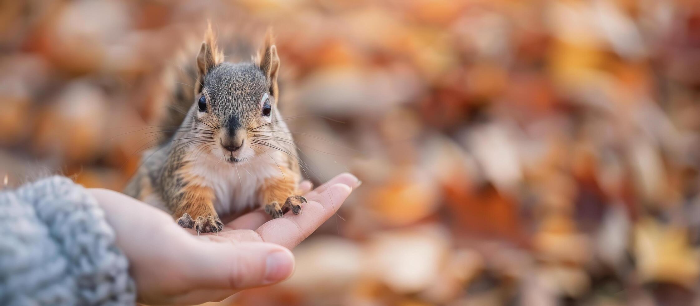 Squirrel Feeding on Hand in Autumn Park With Colorful Leaves photo