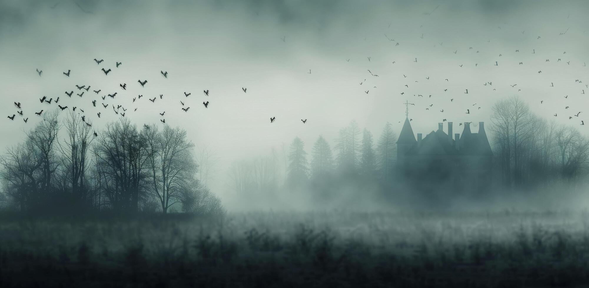 Eerie Misty Landscape With Silhouetted Manor and Flocking Birds at Dusk photo
