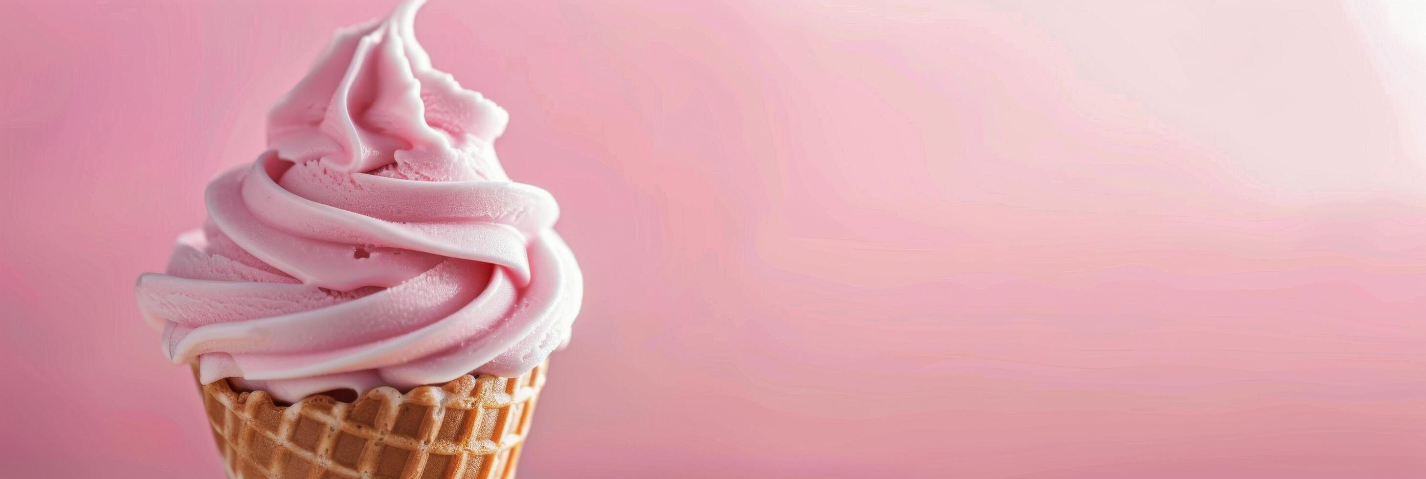 Delicious Pink Swirl Soft Serve Ice Cream In A Cone Against A Blurred Background photo