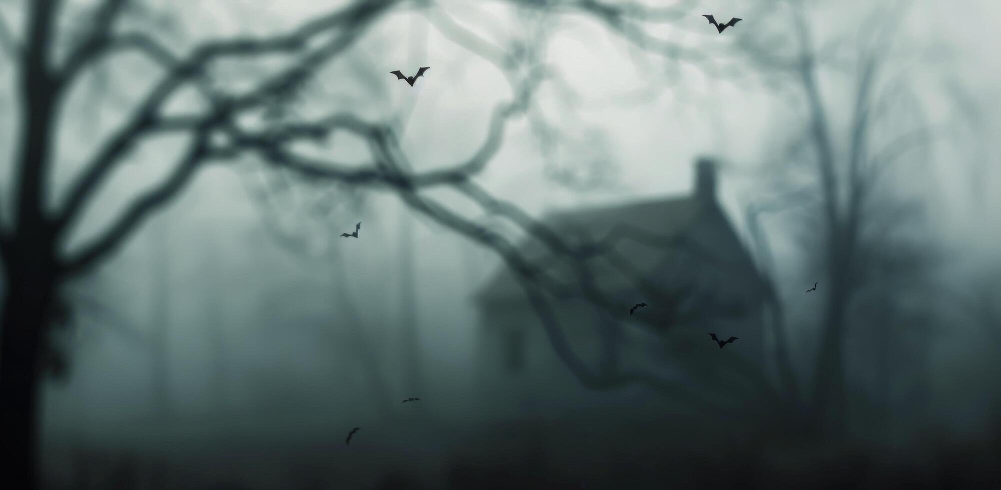 Eerie Misty Landscape With Silhouetted Manor and Flocking Birds at Dusk photo