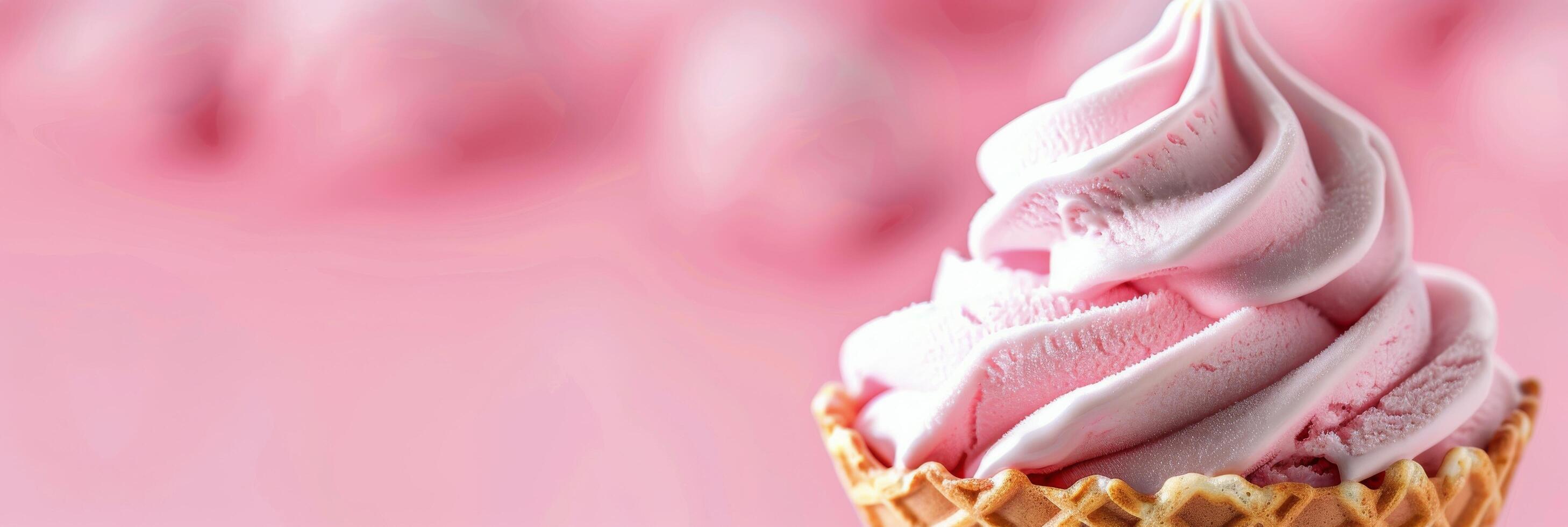 Delicious Pink Swirl Soft Serve Ice Cream In A Cone Against A Blurred Background photo