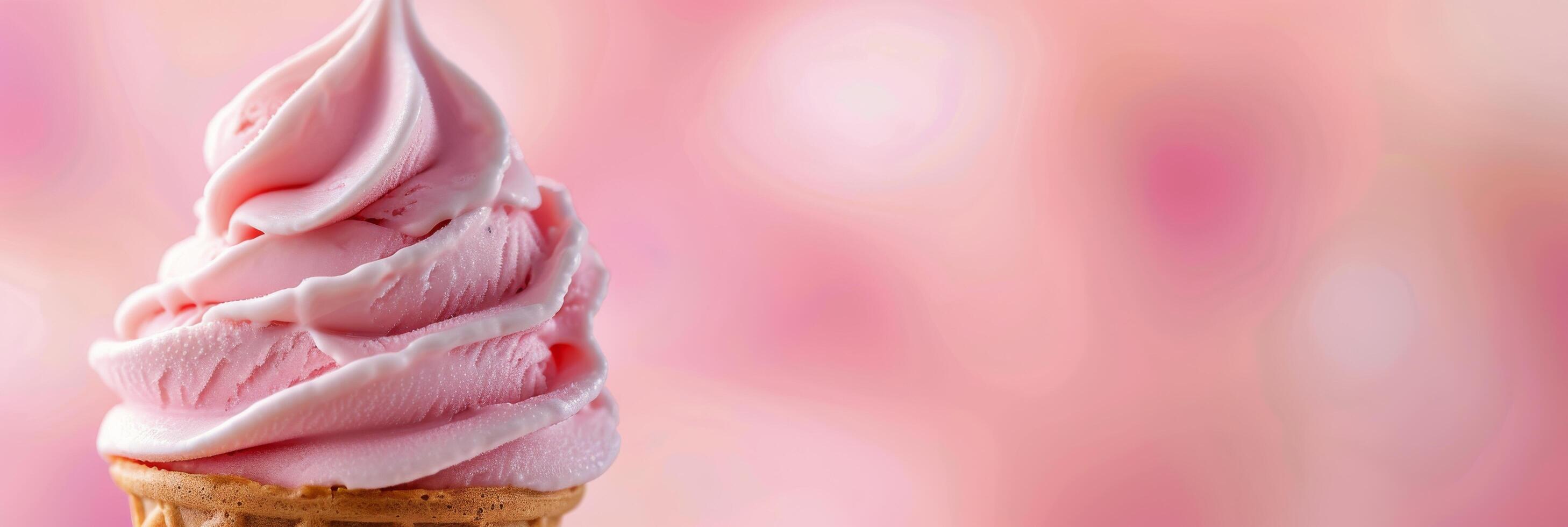 Delicious Pink Swirl Soft Serve Ice Cream In A Cone Against A Blurred Background photo