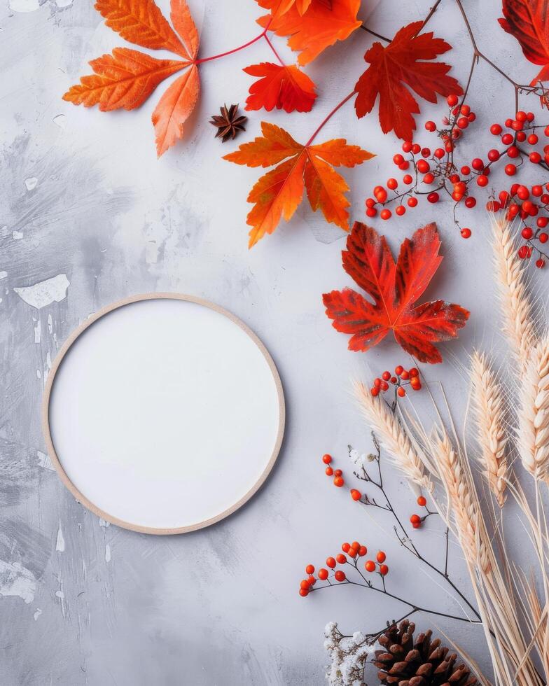 Fall Leaves Arranged Around A Round White Surface On A Gray Background photo