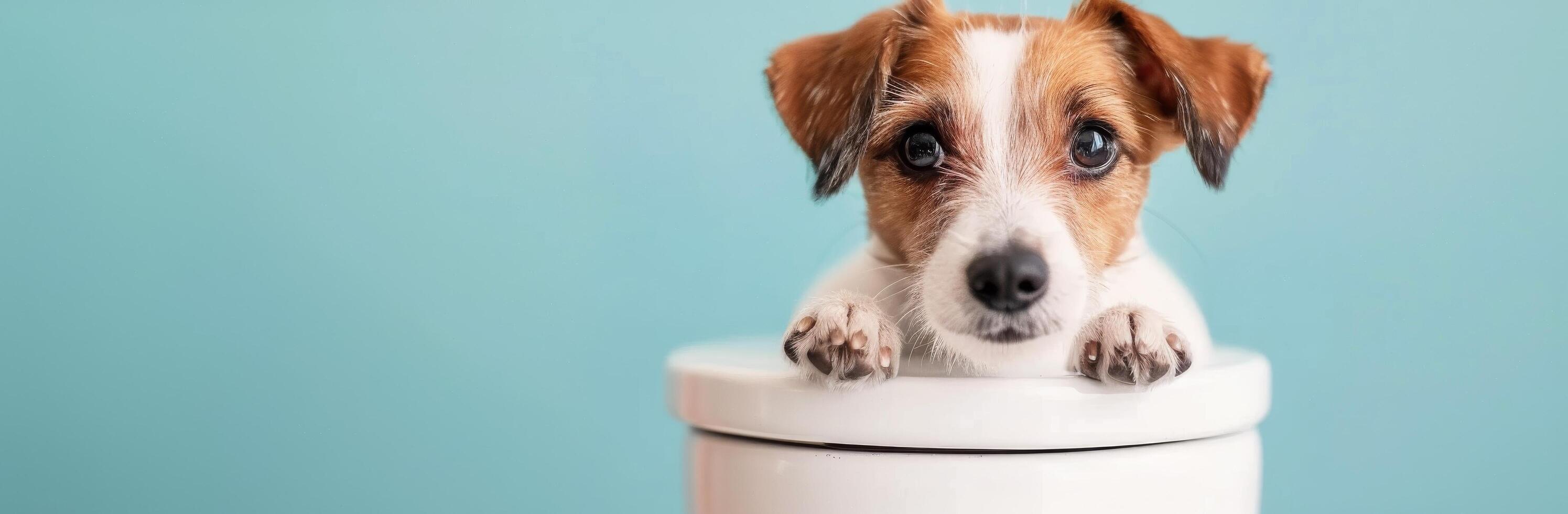 Playful Dog With Brown and White Fur in a Colorful Studio Setting photo