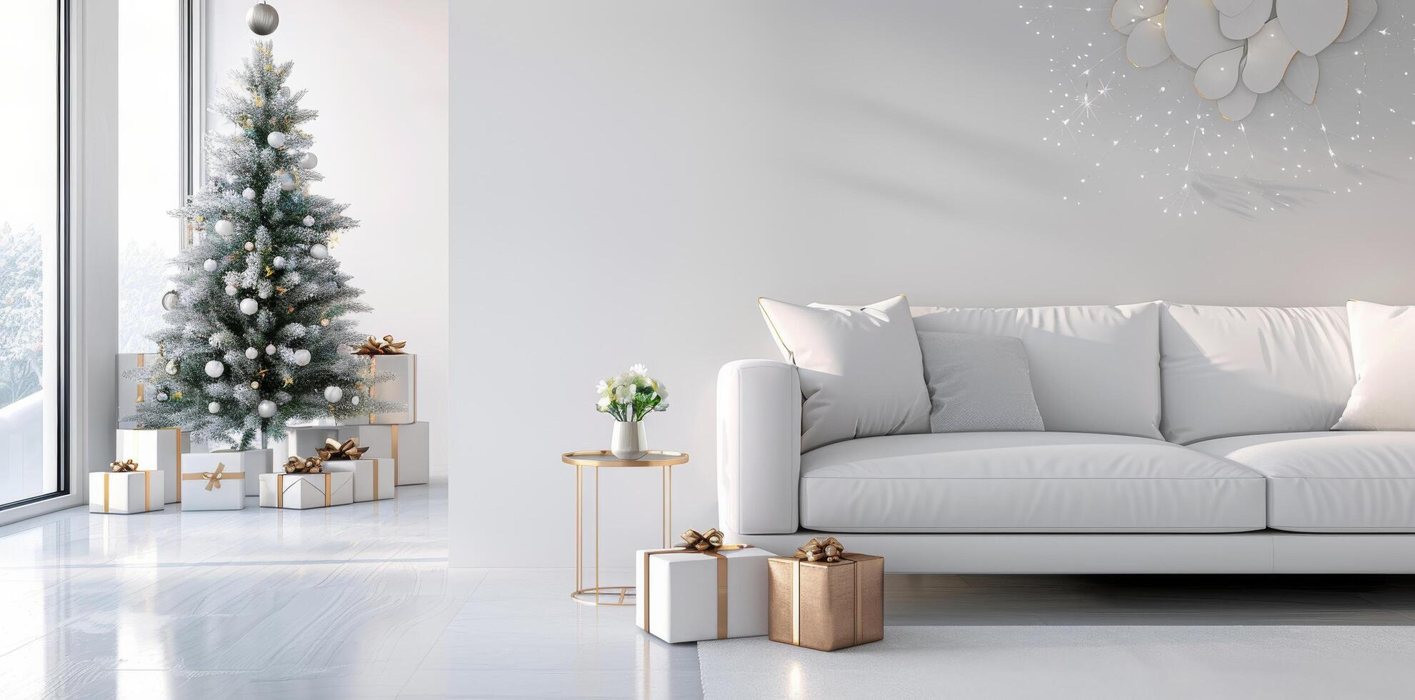 Modern Living Room With Christmas Tree and Presents on a Bright Winter Day photo