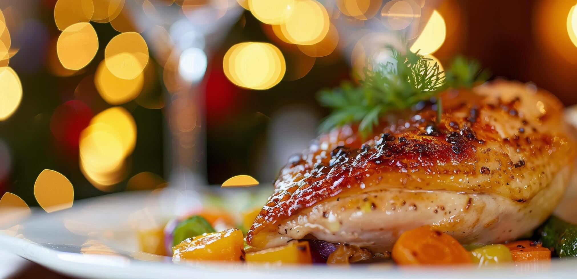 Roasted Chicken Dish With Vegetables in Festive Setting photo