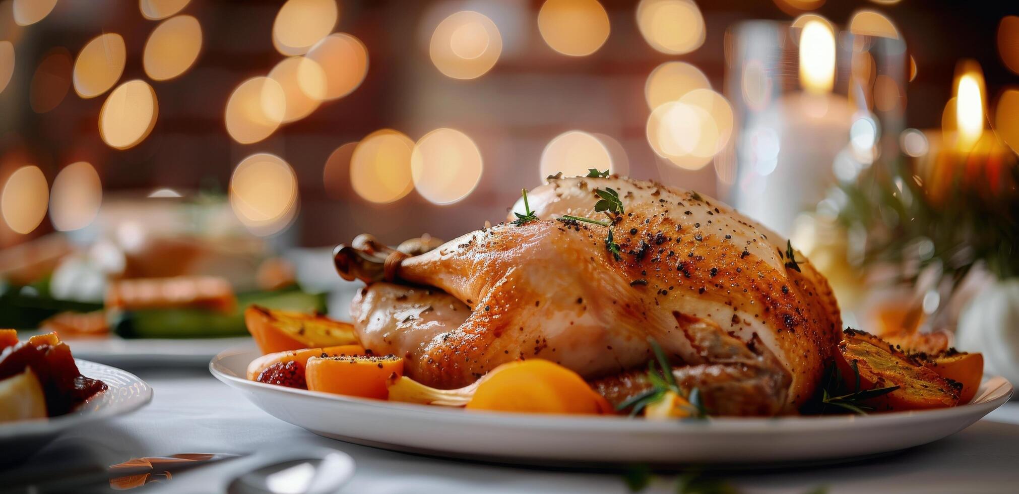 Roasted Chicken Dish With Vegetables in Festive Setting photo