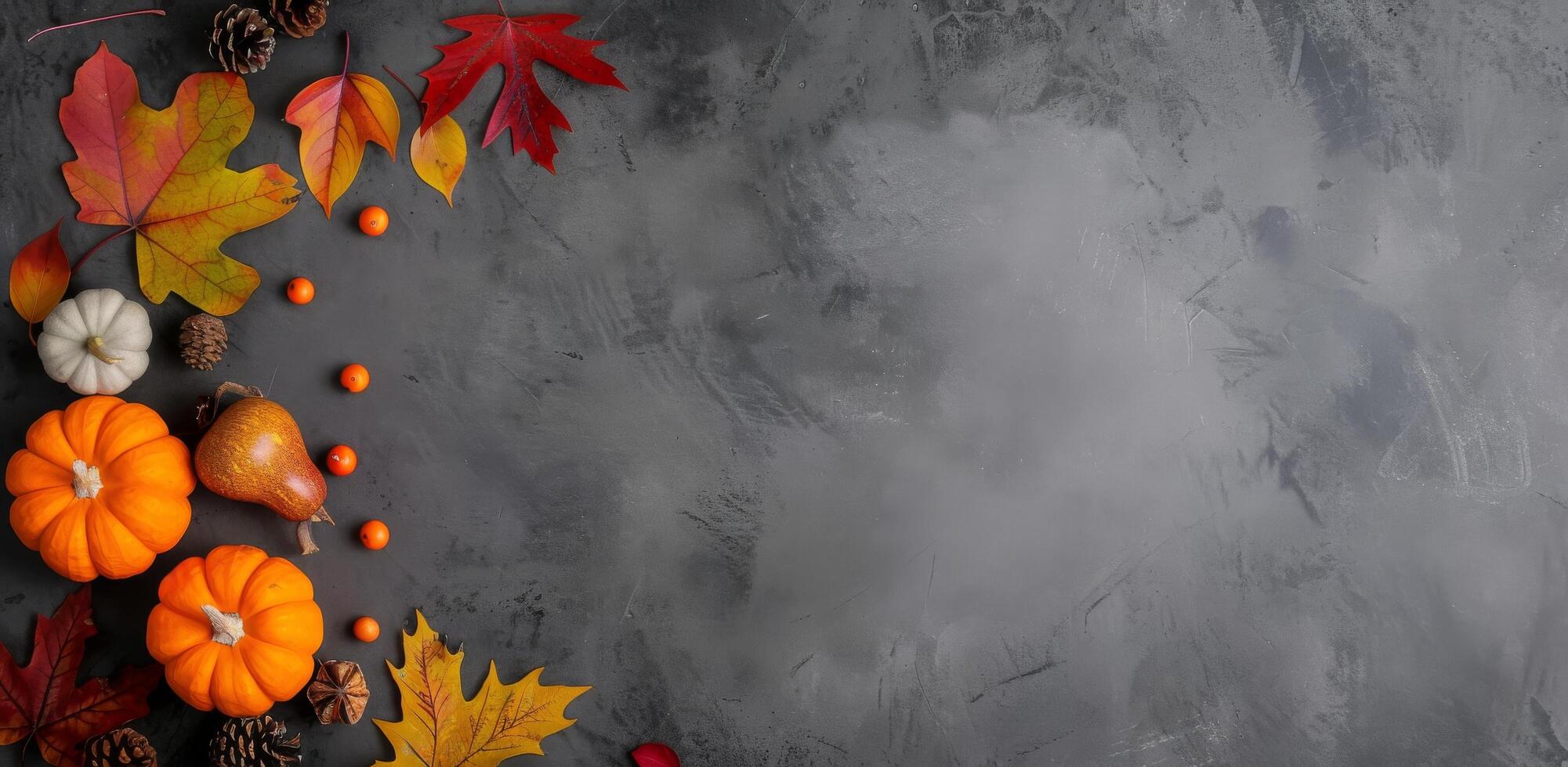 Autumn Pumpkins and Colorful Leaves on a Dark Textured Surface photo