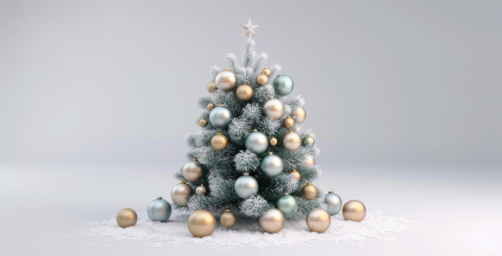 Decorated Christmas Tree Surrounded by Glittering Ornaments in Soft Winter Light photo