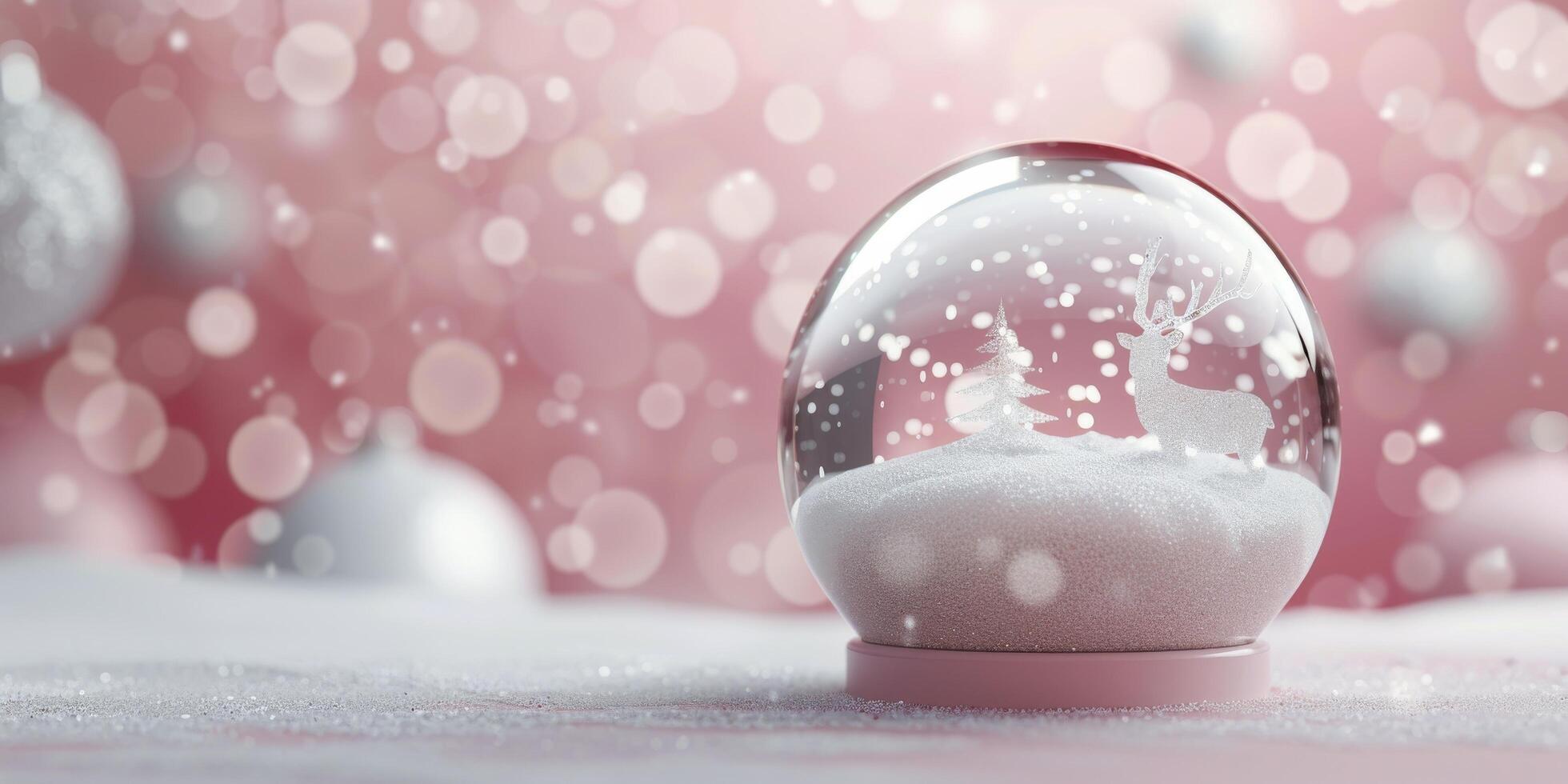 Delicate Snow Globe With Deer and Pink Trees on Soft Pink Background photo