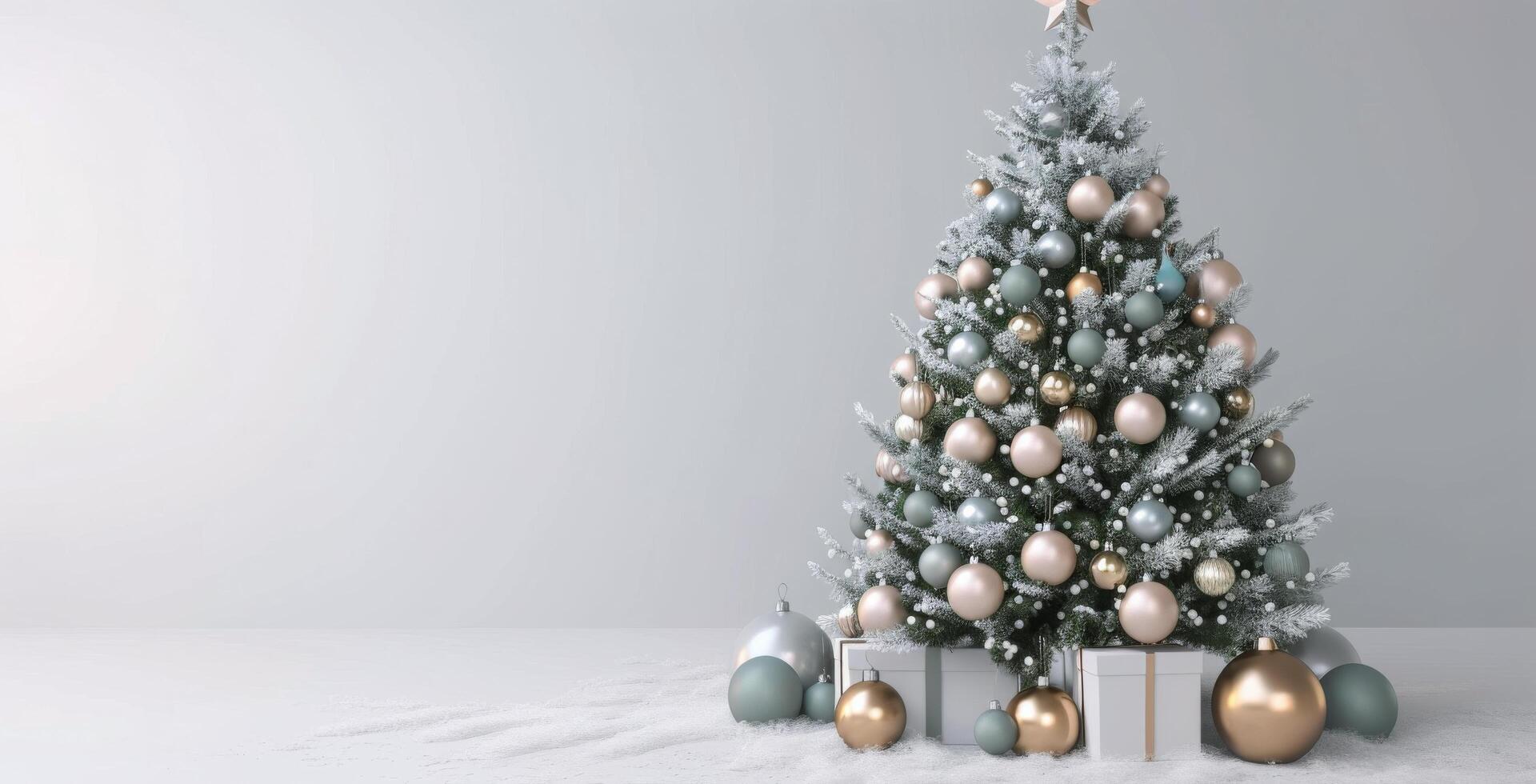 Decorated Christmas Tree Surrounded by Glittering Ornaments in Soft Winter Light photo
