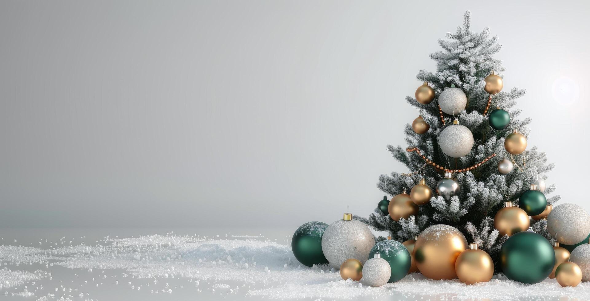 Decorated Christmas Tree Surrounded by Glittering Ornaments in Soft Winter Light photo