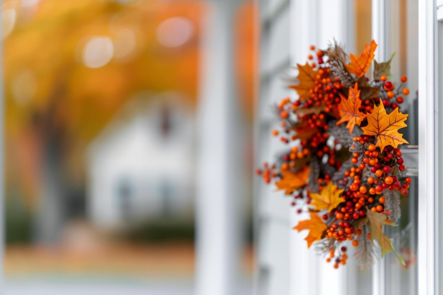 Autumn Decorations With Colorful Berries and Leaves on a Window photo