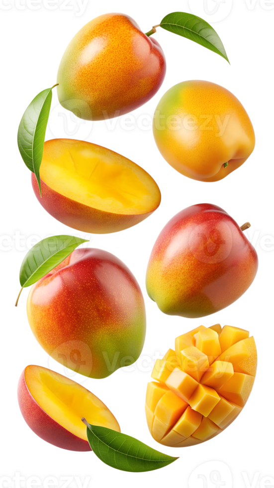 Floating ripe mangoes with green leaves, isolated transparent png